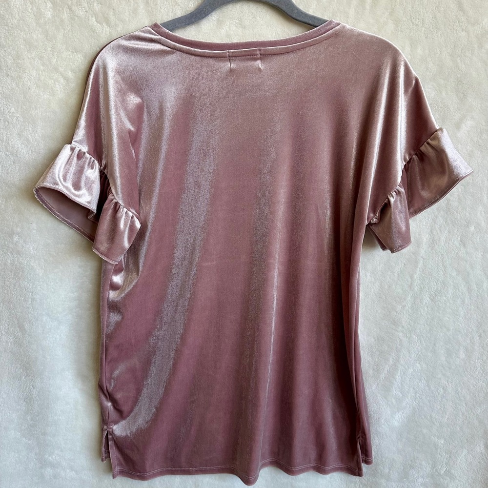 Old Navy Mauve Dusty Rose Pink Velvet Short Sleeve Top Velour‎ Ruffle Sleeve XL - Picture 5 of 5